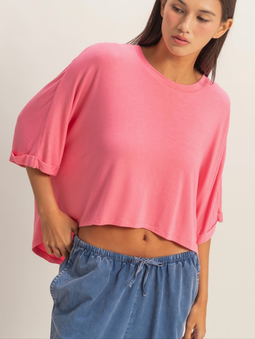 177 | Relaxed Hi Lo Batwing Sleeve Top - Taffy Pink